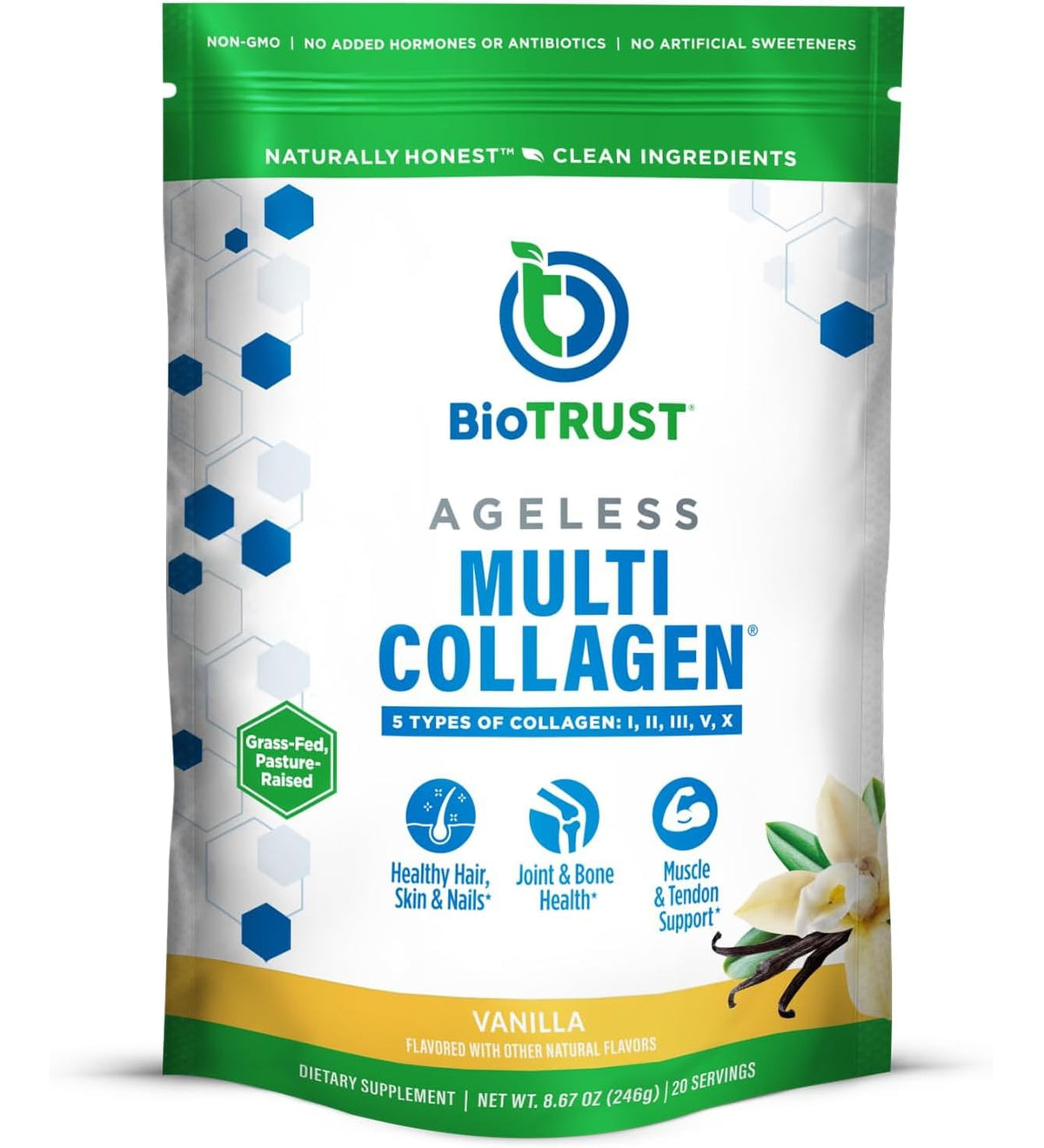 BioTrust Multi Collagen Peptides Unflavored Powder - Hydrolyzed, Grass Fed