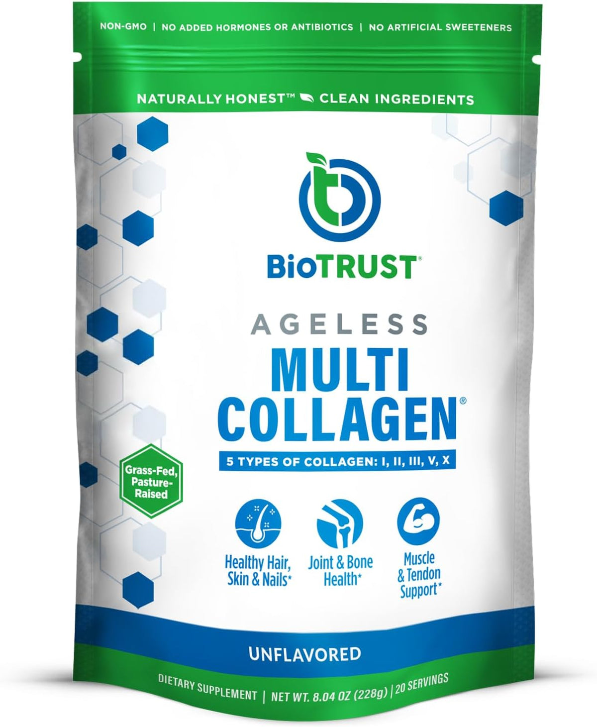 BioTrust Multi Collagen Peptides Unflavored Powder - Hydrolyzed, Grass Fed