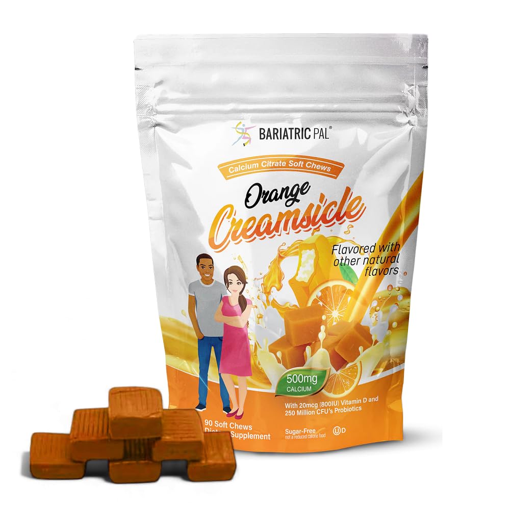 BariatricPal Sugar-Free Calcium Citrate Soft Chews | 500mg with Vitamin D & Probiotics | Tropical Punch | 90 Count (1 Month Supply)