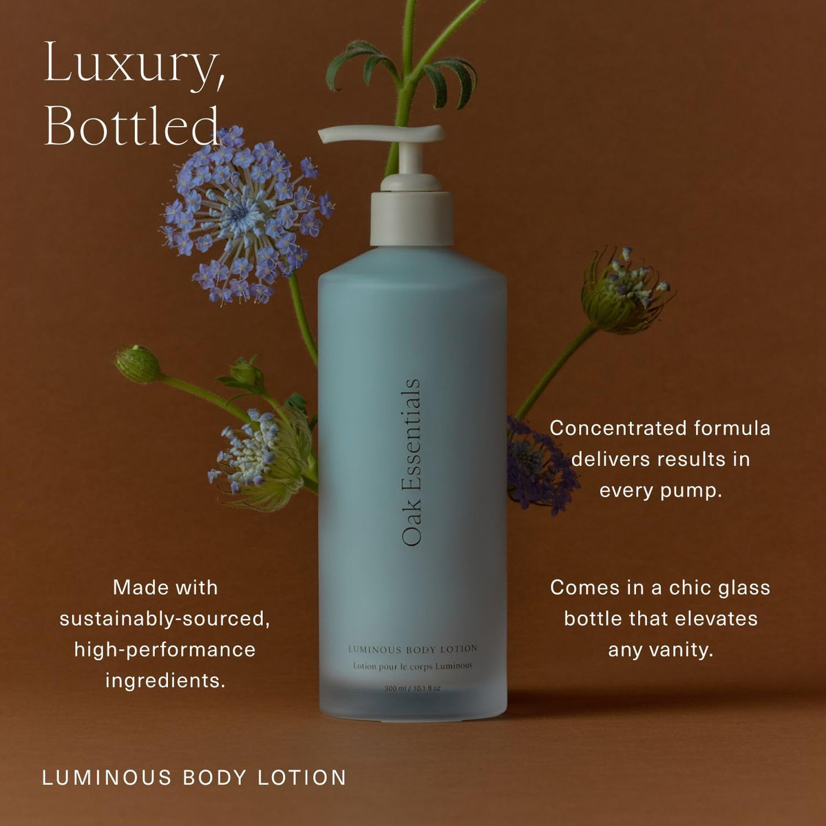 Oak Essentials Luminous Body Lotion, Travel Body Lotion for Women with Blue Tansy, Rose Oil, Shea Butter and Coconut Oil, Lightweight Moisturizer for Dry and Sensitive Skin, 1.33 Fl Oz
