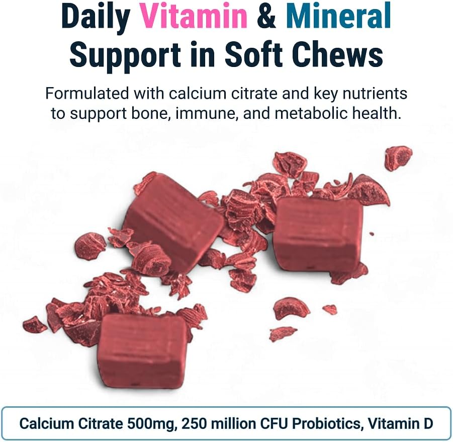 BariatricPal Sugar-Free Calcium Citrate Soft Chews | 500mg with Vitamin D & Probiotics | Tropical Punch | 90 Count (1 Month Supply)