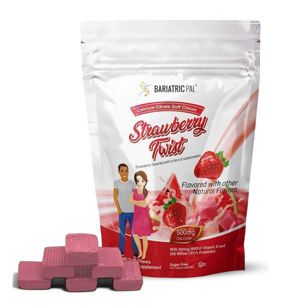 BariatricPal Sugar-Free Calcium Citrate Soft Chews | 500mg with Vitamin D & Probiotics | Tropical Punch | 90 Count (1 Month Supply)