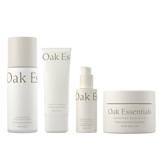 Oak Essentials Youthful Skin Routine Set | 4-Step Skin Renewal Kit with Peptide Serum, Face Polish, Cleansing Milk & Moisture Balm
