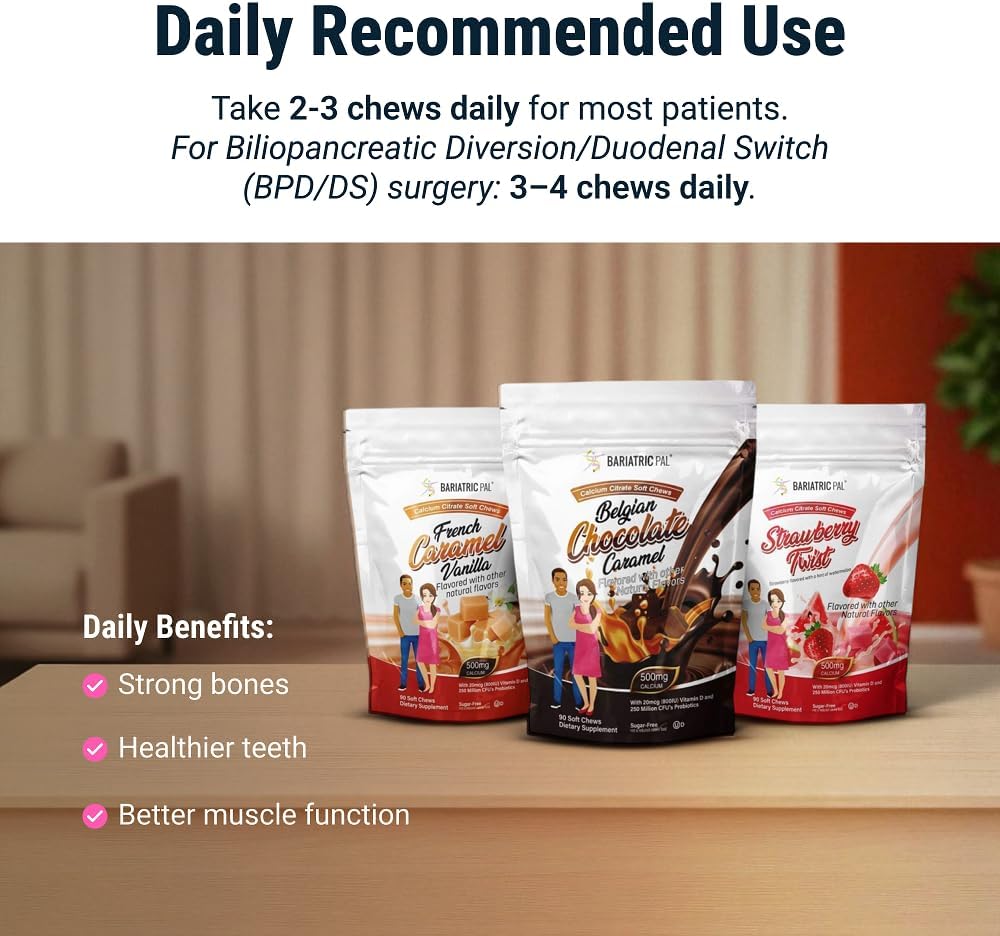 BariatricPal Sugar-Free Calcium Citrate Soft Chews | 500mg with Vitamin D & Probiotics | Tropical Punch | 90 Count (1 Month Supply)