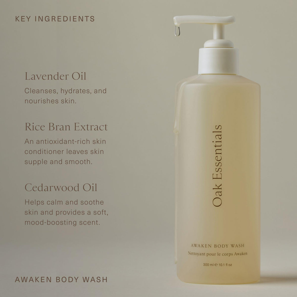 Oak Essentials Awaken Body Wash, Luxury Hydrating Shower Gel with Lavender Oil, Cedarwood Oil and Rice Bran Extract, Gentle Cleanser for Women, Ideal for Dry Skin, Travel Size, 1.7 Fl Oz