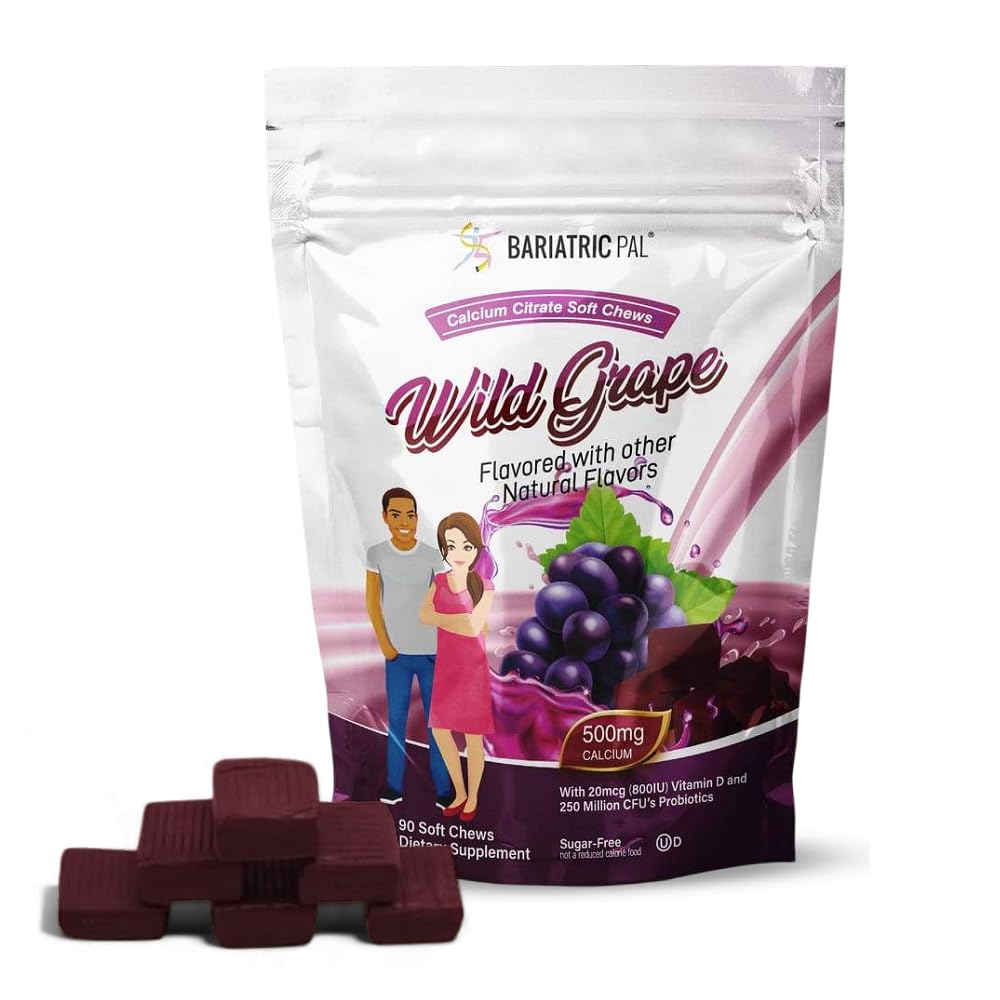 BariatricPal Sugar-Free Calcium Citrate Soft Chews | 500mg with Vitamin D & Probiotics | Tropical Punch | 90 Count (1 Month Supply)