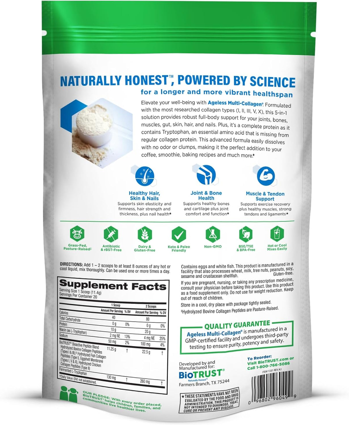 BioTrust Multi Collagen Peptides Unflavored Powder - Hydrolyzed, Grass Fed