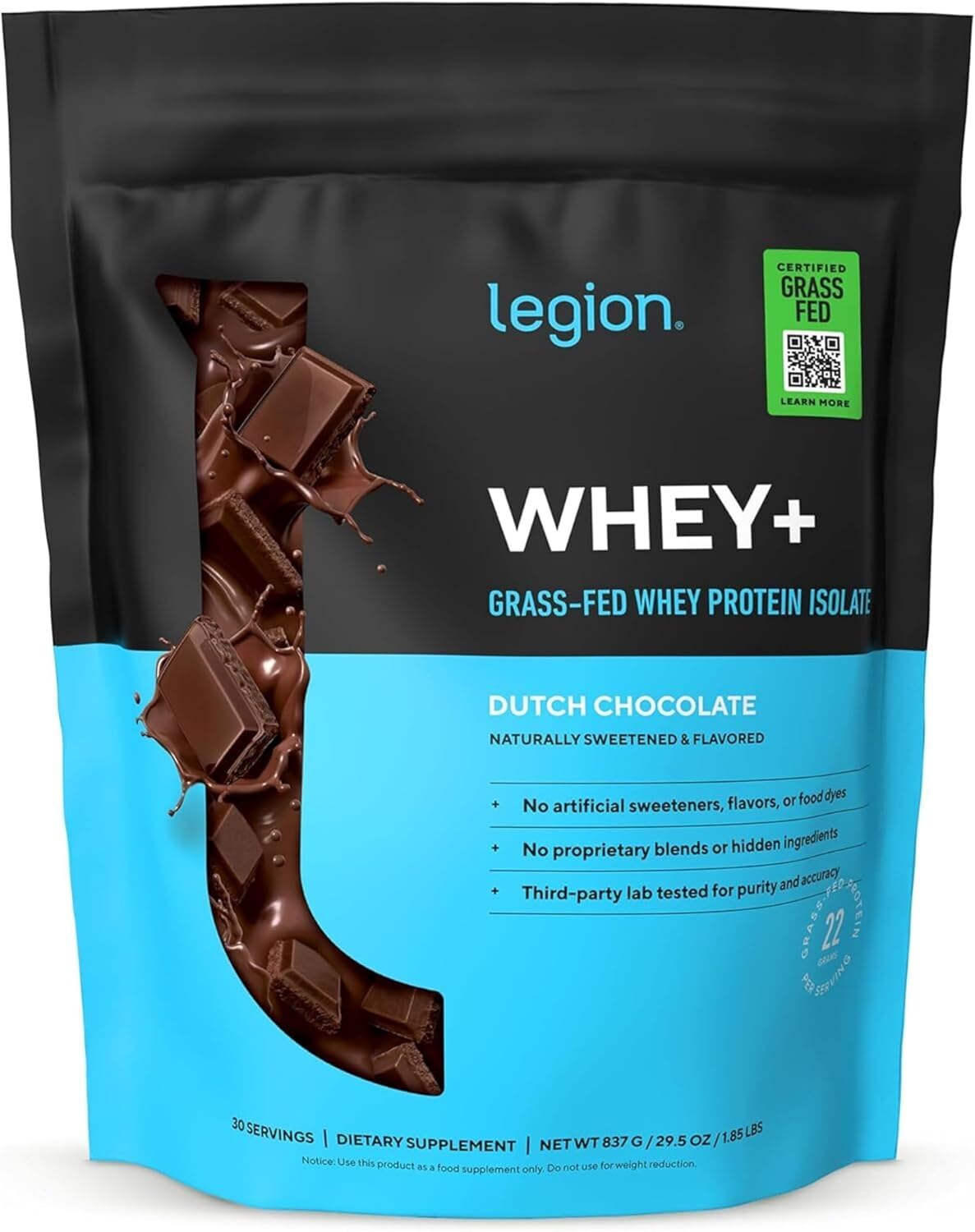 Legion Whey+ Protein Isolate Grass Fed, Chocolate, 30 Servings