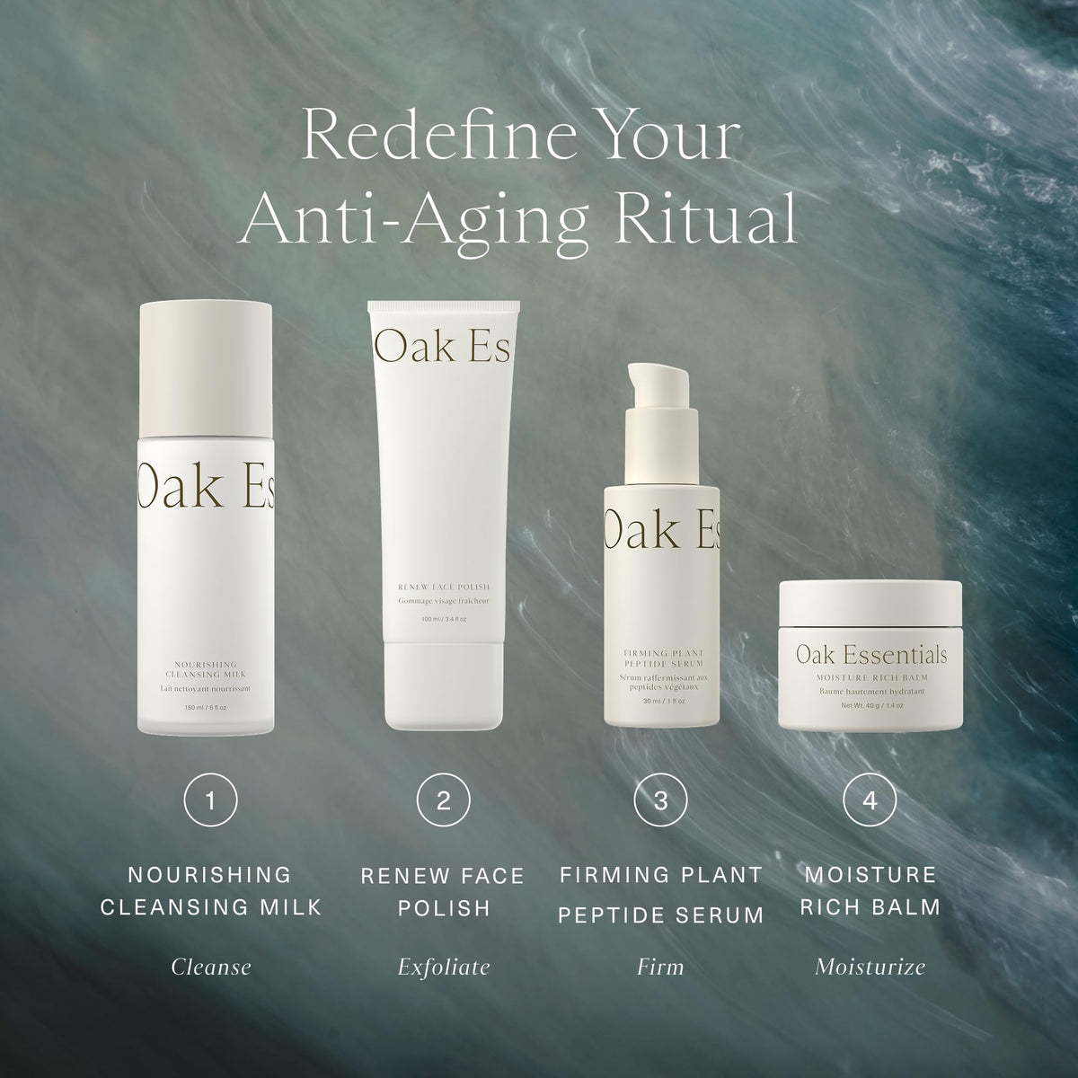 Oak Essentials Youthful Skin Routine Set | 4-Step Skin Renewal Kit with Peptide Serum, Face Polish, Cleansing Milk & Moisture Balm