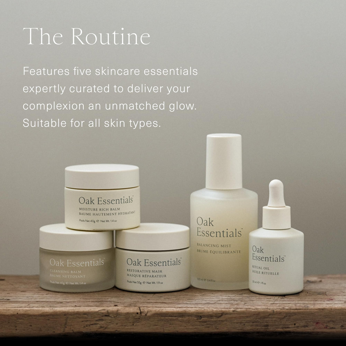 Oak Essentials The Routine Face Skincare Set, 5-Piece Routine: Cleansing Balm, Restorative Mask, Balancing Mist, Ritual Oil and Moisture Rich Balm, Beauty Gift Set for Women, Full Sizes